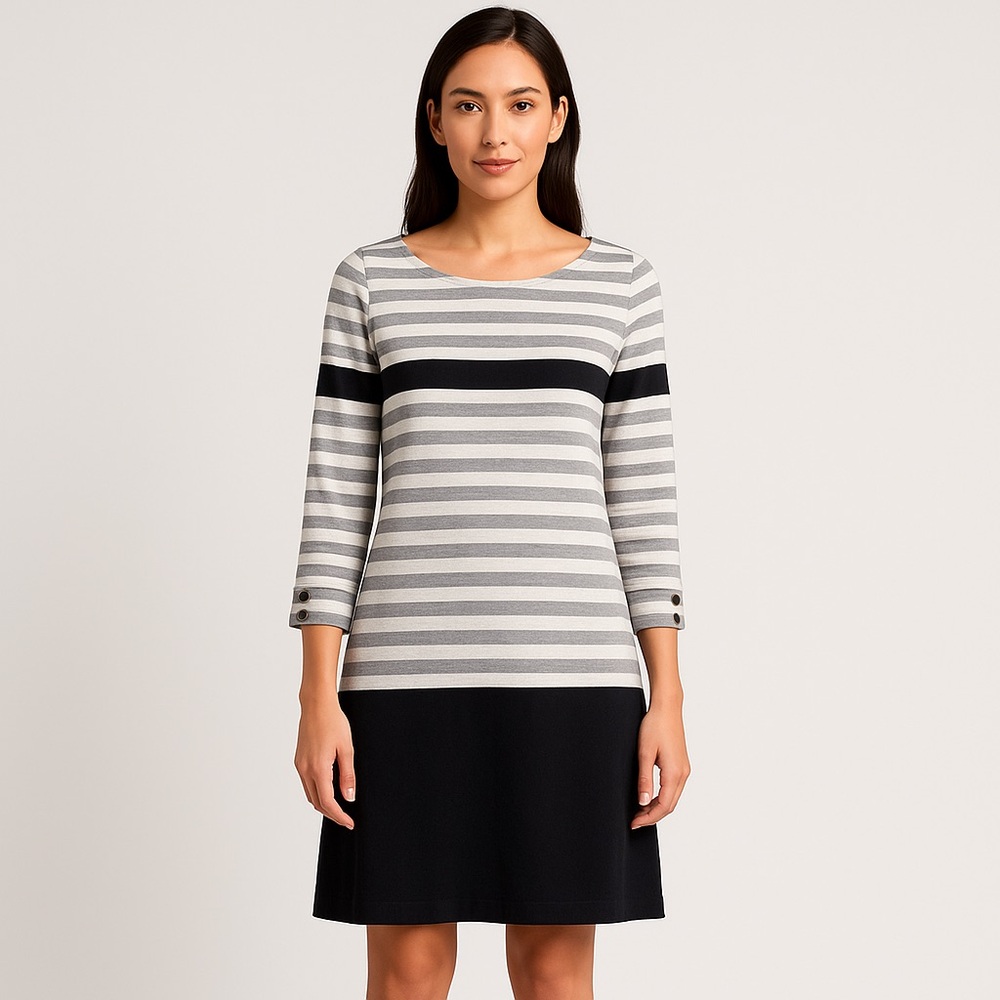 Hatley 100% cotton shift dress tunique striped grey white pink 3/4 sleeves